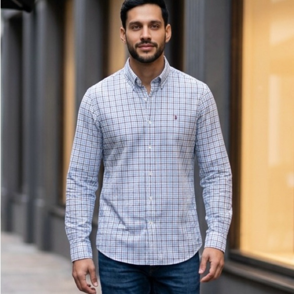 Ralph Lauren Men's Classic Fit Blue Check Cotton Button-Down Shirt Long Sleeve